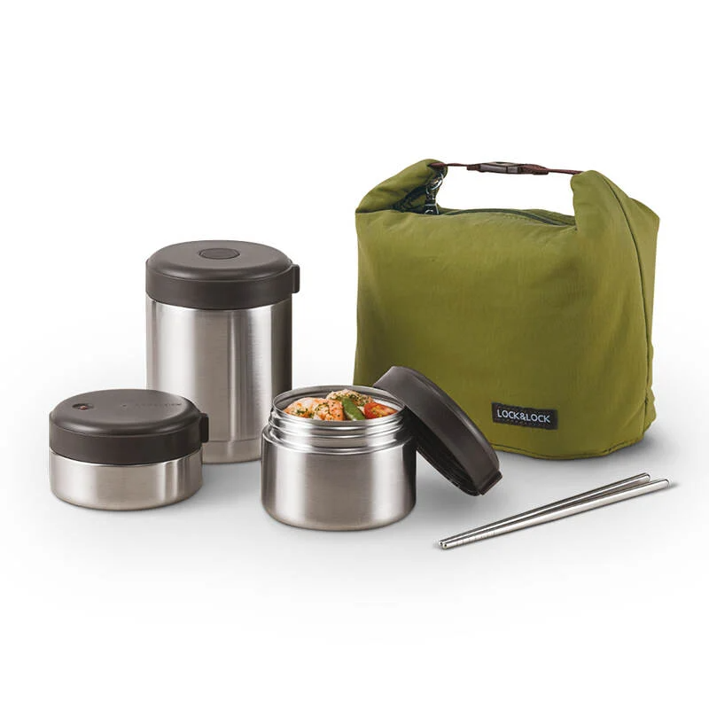 Bộ Hộp Cơm Giữ Nhiệt LocknLock Mushroom - Gồm 3 hộp 460ml, 280ml, 420ml - Màu Bạc - LHC8025SLV