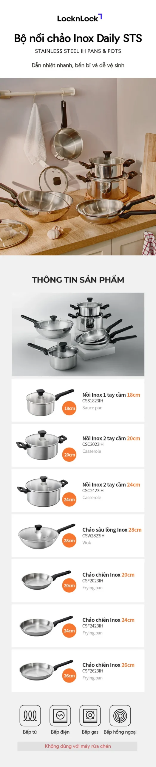 Nồi, Chảo Inox LocknLock Daily STS PPW thân bằng thép không gỉ 304, kèm nắp kính trong suốt, tay cầm chịu nhiệt - LocknLock Cần Thơ