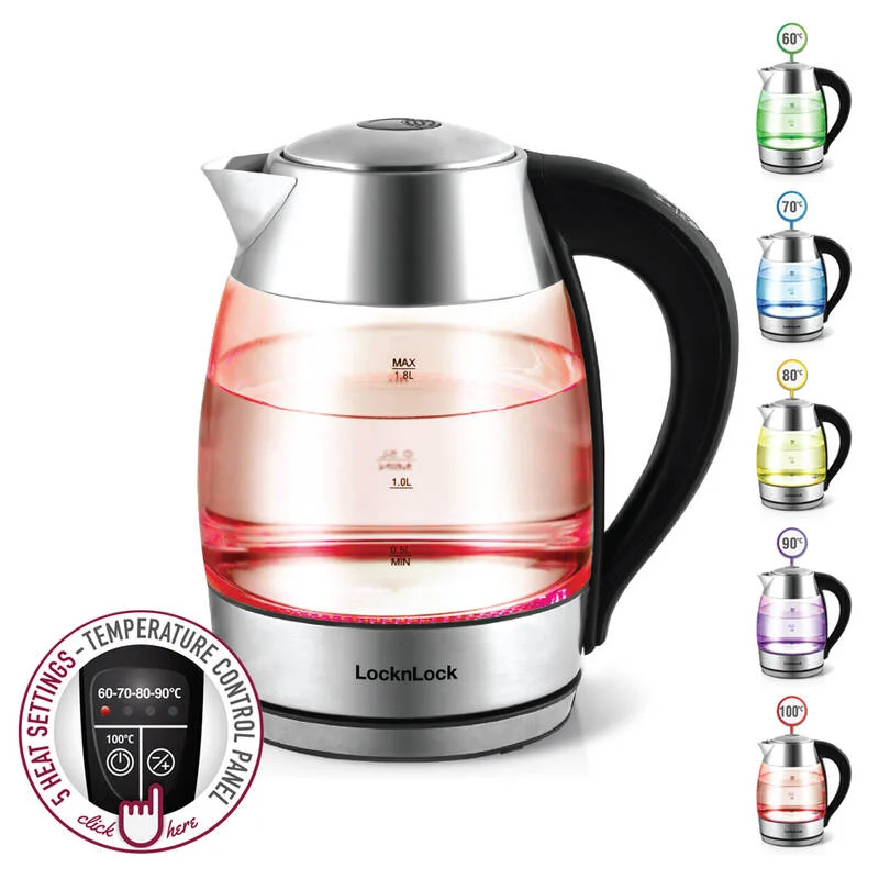 EJK341 - Ấm đun nước dùng điện bằng thủy tinh, hiệu LocknLock 1.8L, 220-240V, 50/60Hz, 1850-2200W