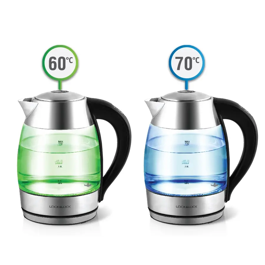 EJK341 - Ấm đun nước dùng điện bằng thủy tinh, hiệu LocknLock 1.8L, 220-240V, 50/60Hz, 1850-2200WTính năng nổi bật của ấm bao gồm hệ thống đèn LED thông minh thay đổi màu sắc theo nhiệt độ nước, giúp bạn dễ dàng nhận biết nhiệt độ hiện tại của nước. Ngoài ra, ấm còn có thước đo hiển thị mực nước, giúp bạn châm nước một cách chính xác và tránh đun cạn nước gây hư hại cho mâm nhiệt.