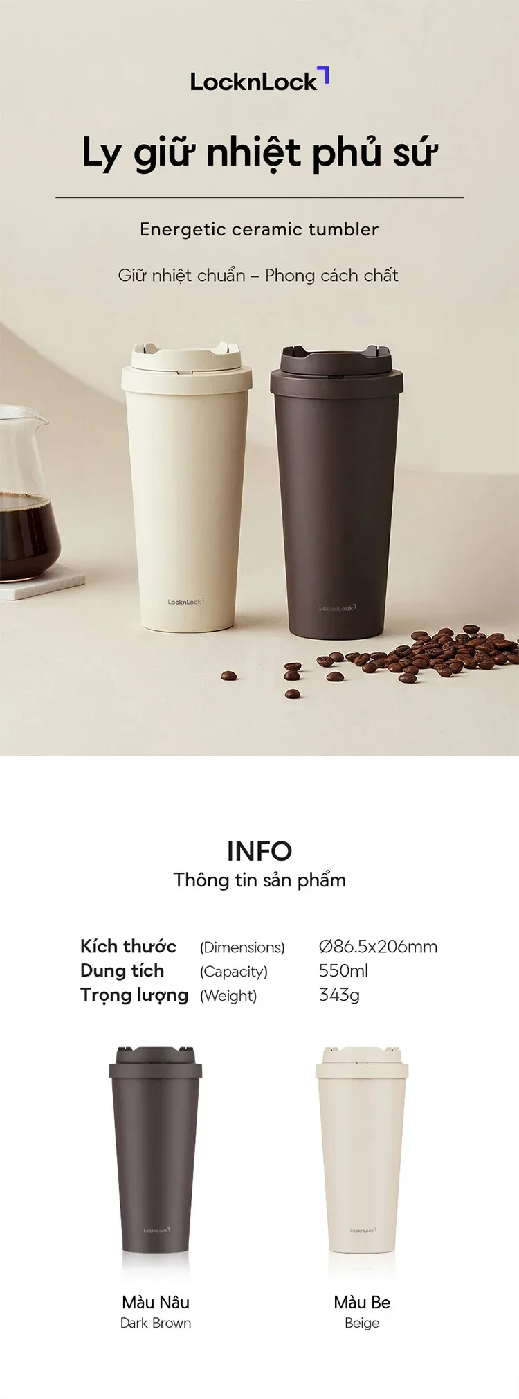 Bình giữ nhiệt LocknLock Energetic Ceramic Tumbler 550ml - 2 Màu - LHC3414