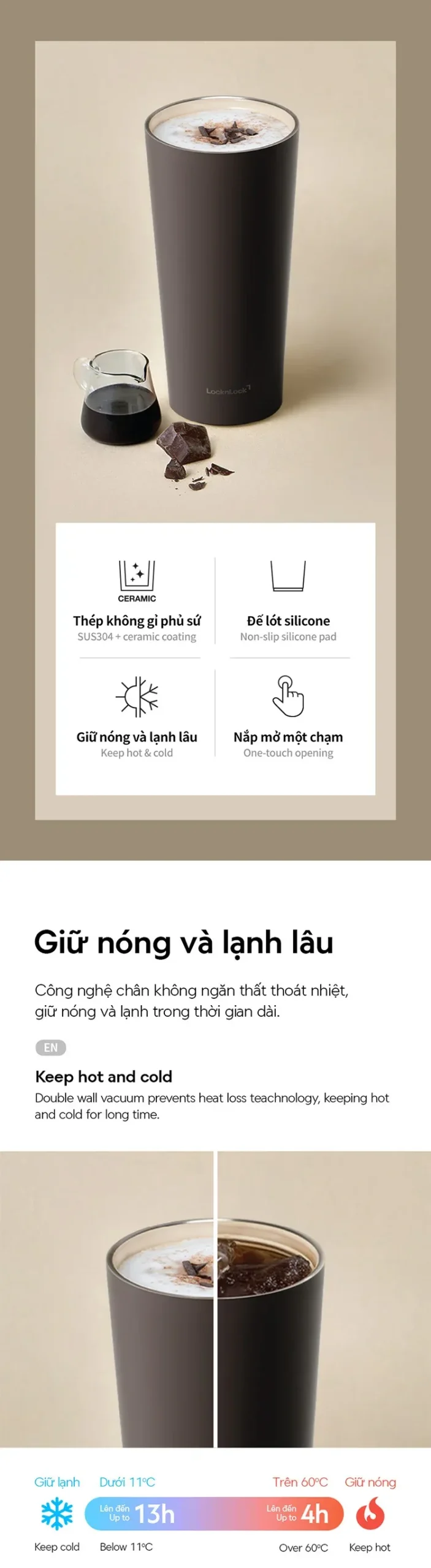 Bình giữ nhiệt LocknLock Energetic Ceramic Tumbler 550ml - 2 Màu - LHC3414