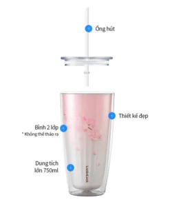 HAP522PIK, HAP522WHT - Ly Nhựa 2 Lớp LocknLock Kèm Ống Hút Cherry Blossom Double Wall Cold Cup 750nl - 2 Màu (Hồng, Trắng) - LocknLock Cần Thơ