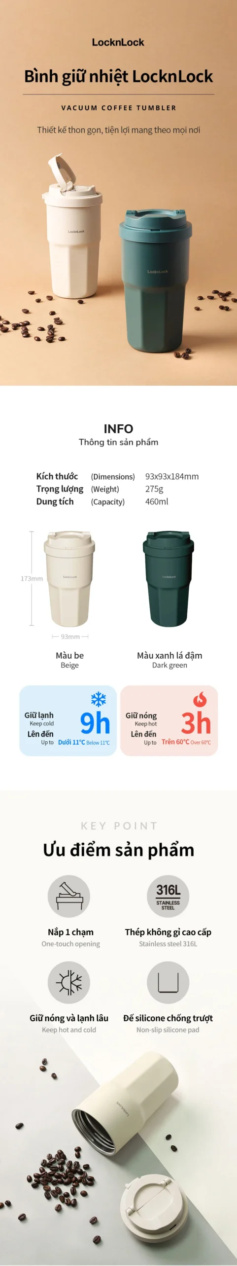 LHC3329BEG, LHC3329DGRN - Bình Giữ Nhiệt LocknLock Vacuum Coffee Tumbler 460Ml - LocknLock Cần Thơ