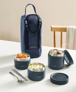 LHC8052S01 - Bộ Hộp Cơm Giữ Nhiệt Locknlock Pump Vacuum Lunch Box (300Mlx2, 500Mlx1, Bộ Đũa Và Thìa, Túi) - Màu Xanh Navy