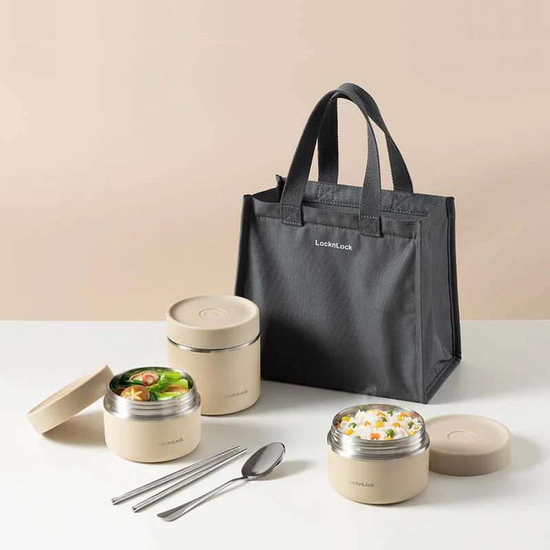 LHC8052S02 - Bộ Hộp Cơm Giữ Nhiệt Locknlock Pump Vacuum Lunch Box (300Mlx2, 500Mlx1, Bộ Đũa Và Thìa, Túi) - 2 Màu (Be, Navy) - LocknLock Cần Thơ