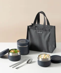 LHC8052S02 - Bộ Hộp Cơm Giữ Nhiệt Locknlock Pump Vacuum Lunch Box (300Mlx2, 500Mlx1, Bộ Đũa Và Thìa, Túi) - 2 Màu (Be, Navy) - LocknLock Cần Thơ