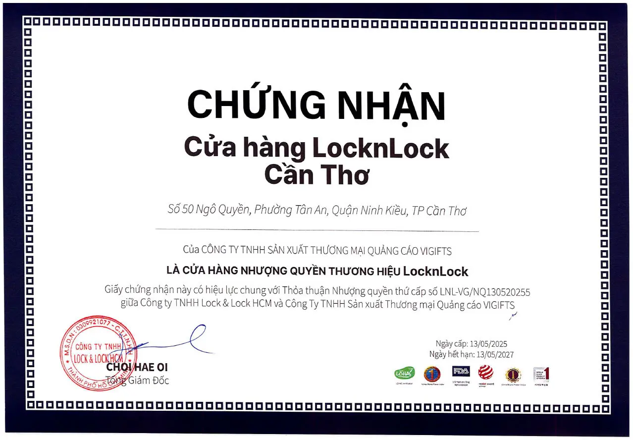 Chứng nhận cửa hàng LocknLock Cần Thơ - Cửa hàng nhượng quyền các sản phẩm LocknLock thông qua các kênh bán hàng tiktok và facebook