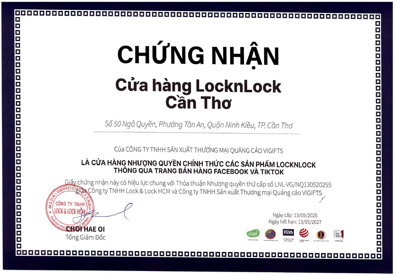 Chứng nhận cửa hàng LocknLock Cần Thơ - Cửa hàng nhượng quyền LocknLock Cần Thơ