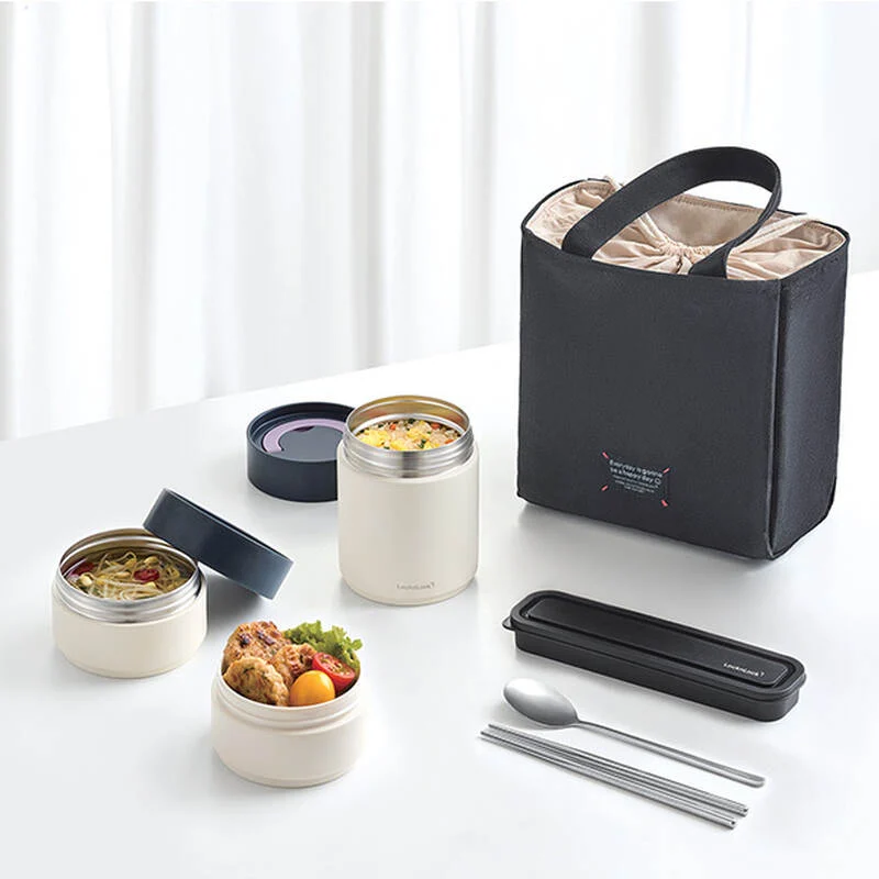 LHC8014IVY - Bộ hộp cơm giữ nhiệt LocknLock All-Fit Lunch Box (230ml*1, 310ml*1, 480ml*1, bộ đũa và thìa, túi)