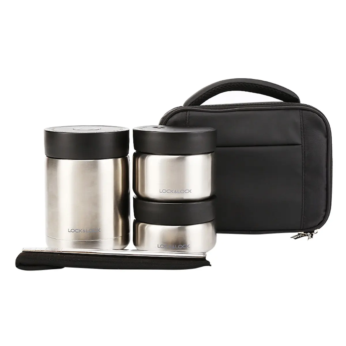 LHC8031SLV - Bộ hộp cơm giữ nhiệt Lock&Lock bằng thép không gỉ (460ml*1, 420ml*1, 280ml*1, đũa*1, túi*1) - Màu bạc - LocknLock Online